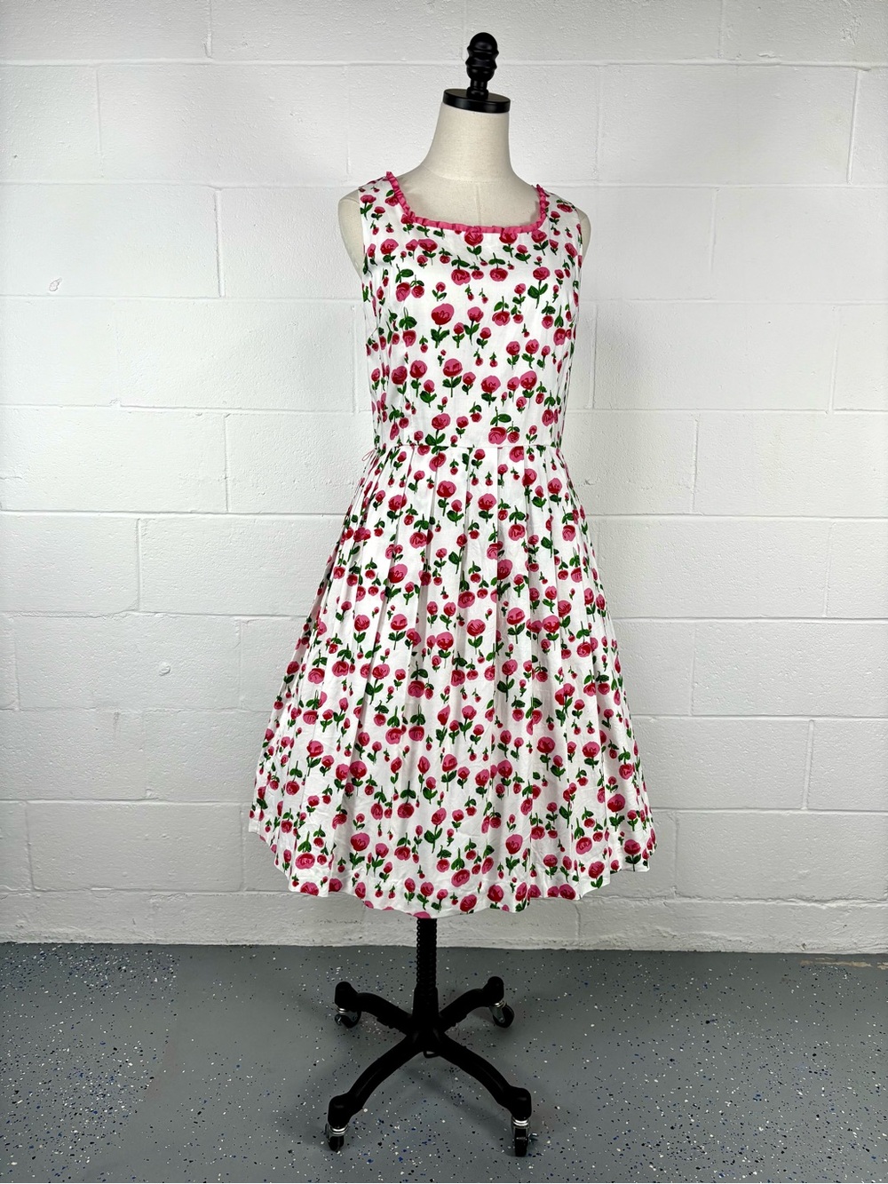 Vintage 90s Pink Rose Floral Fit Flare Day Dress Cotton Ruffle Trim Tradwife 14 - Picture 6 of 14